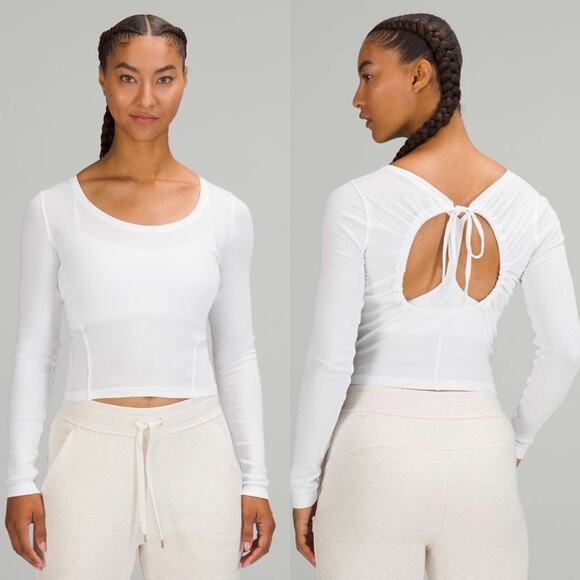 NWT Lululemon Ribbed Open Back Tie Long Sleeve White Sz 12 Cropped - Picture 1 of 9